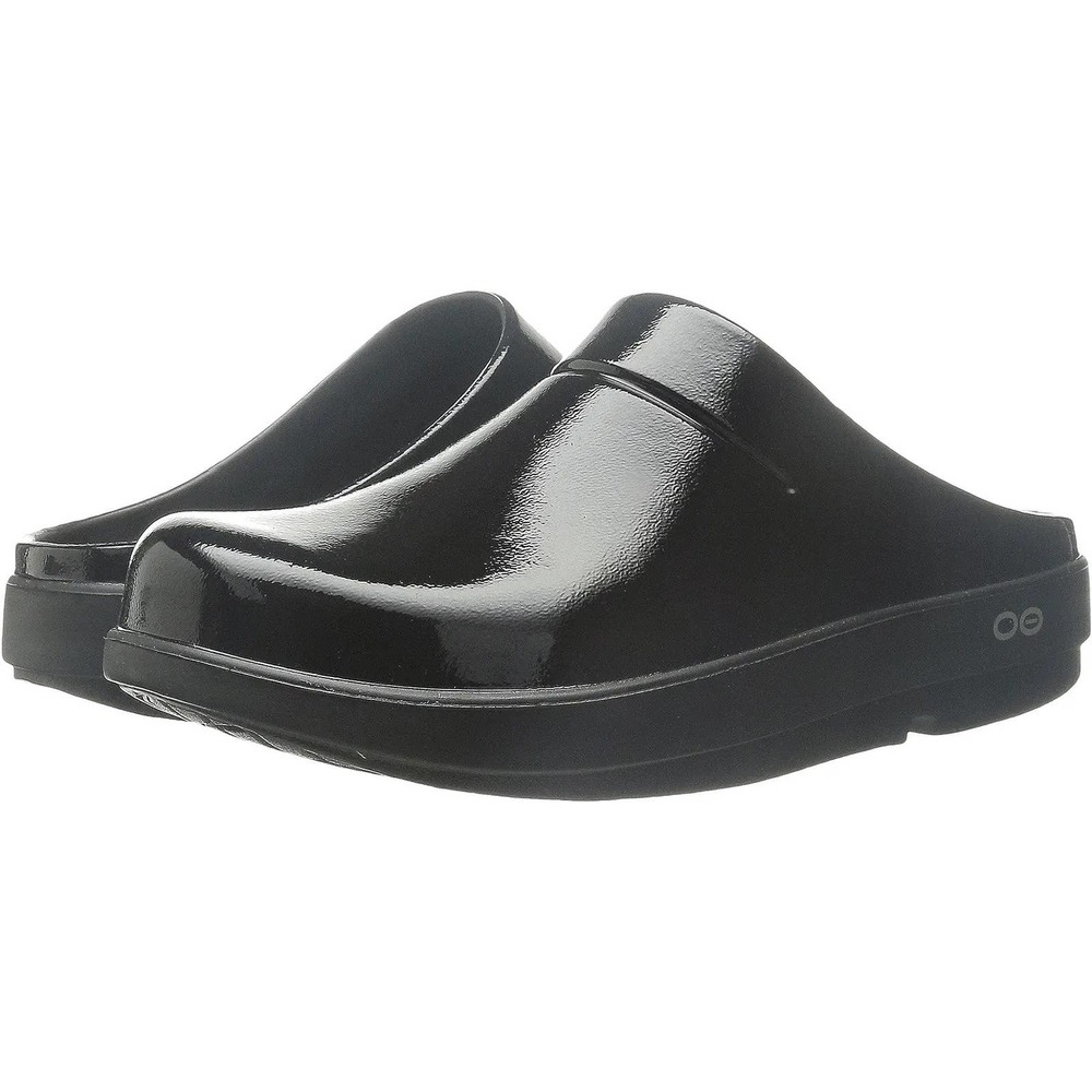 Oofos Black Vegan Patent Leather Slip On Clogs Size 39